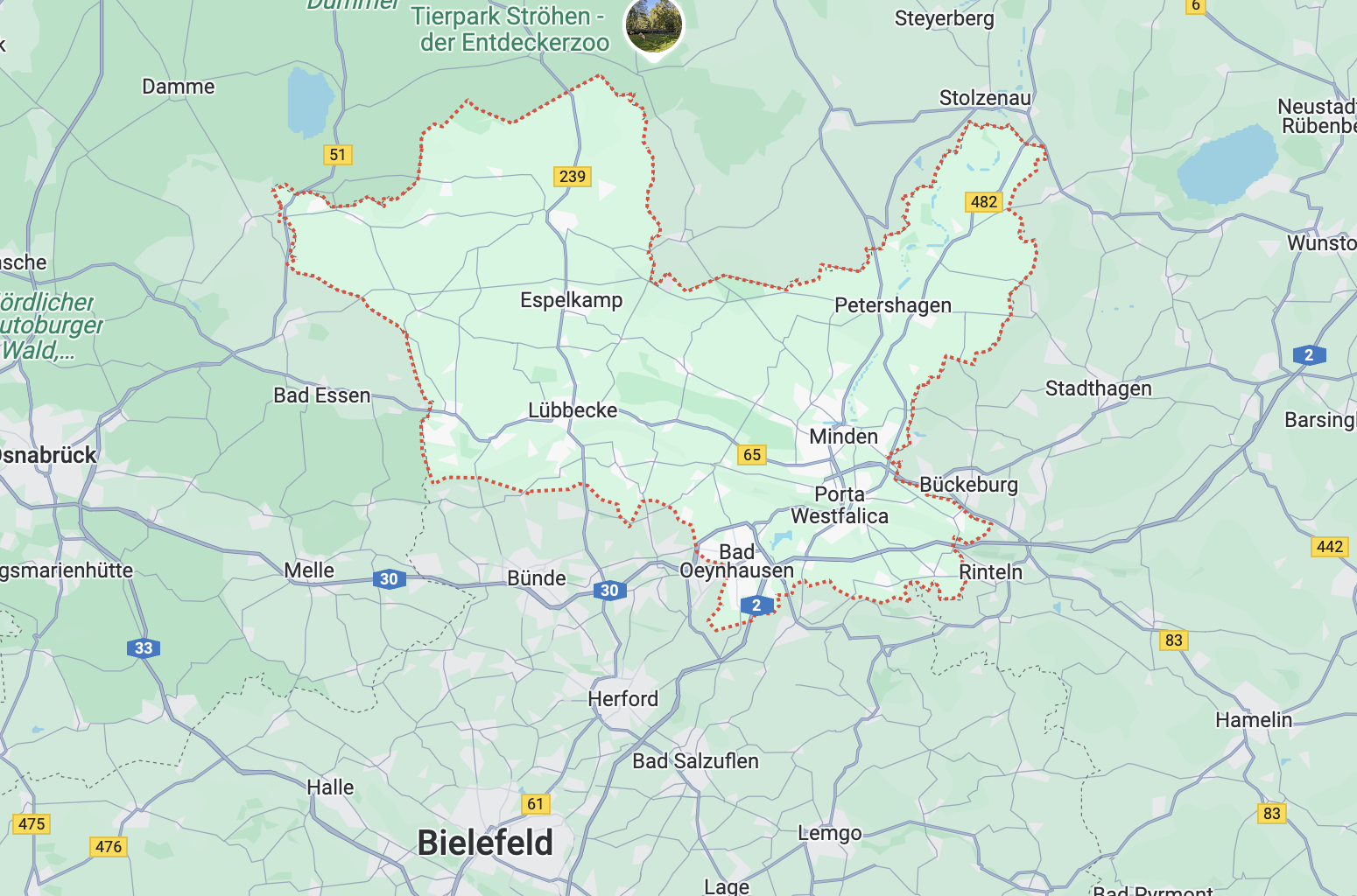 Karte von Ostwestfalen mit Bad Oeynhausen, Herford und Minden
